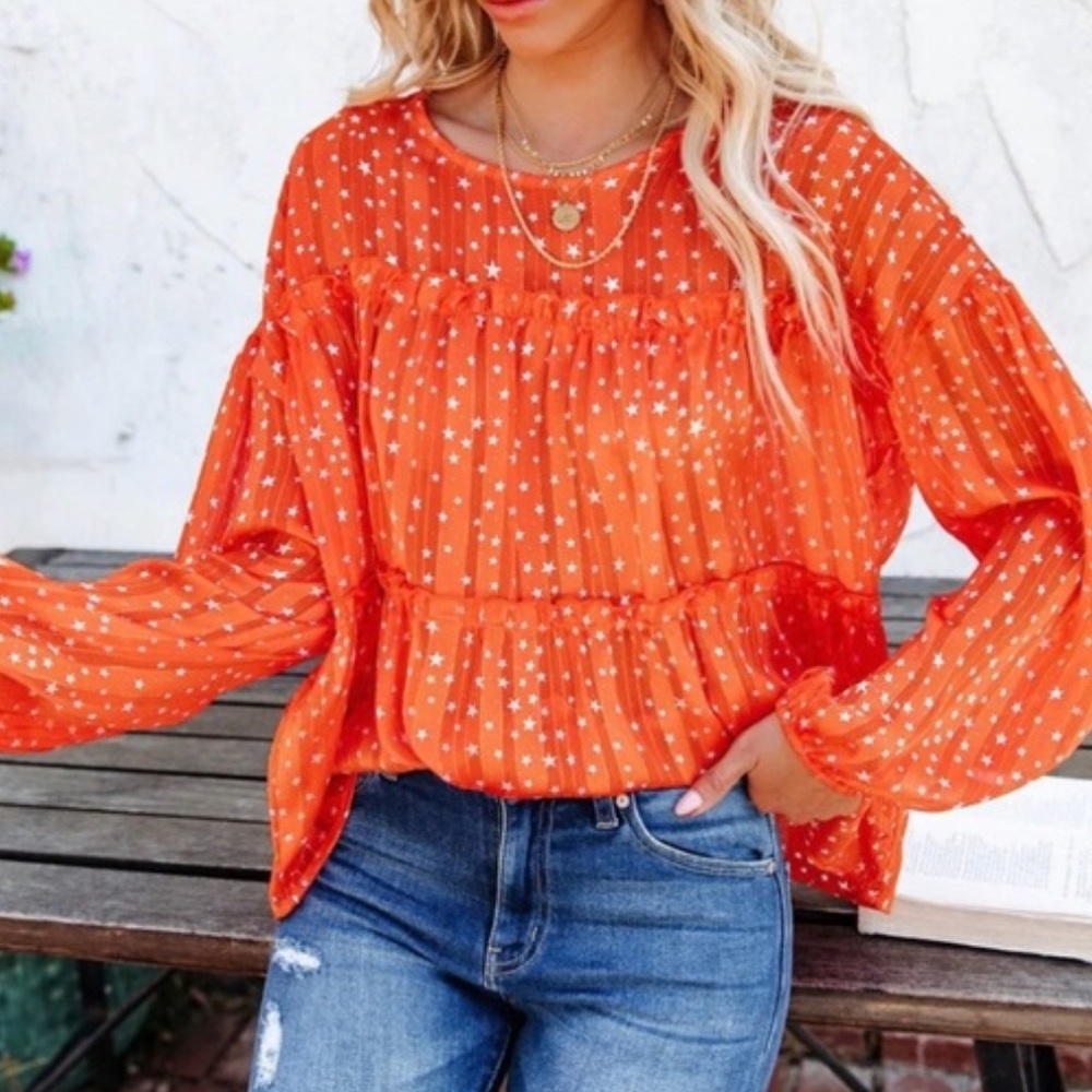 VICI orange shimmer shooting star blouse